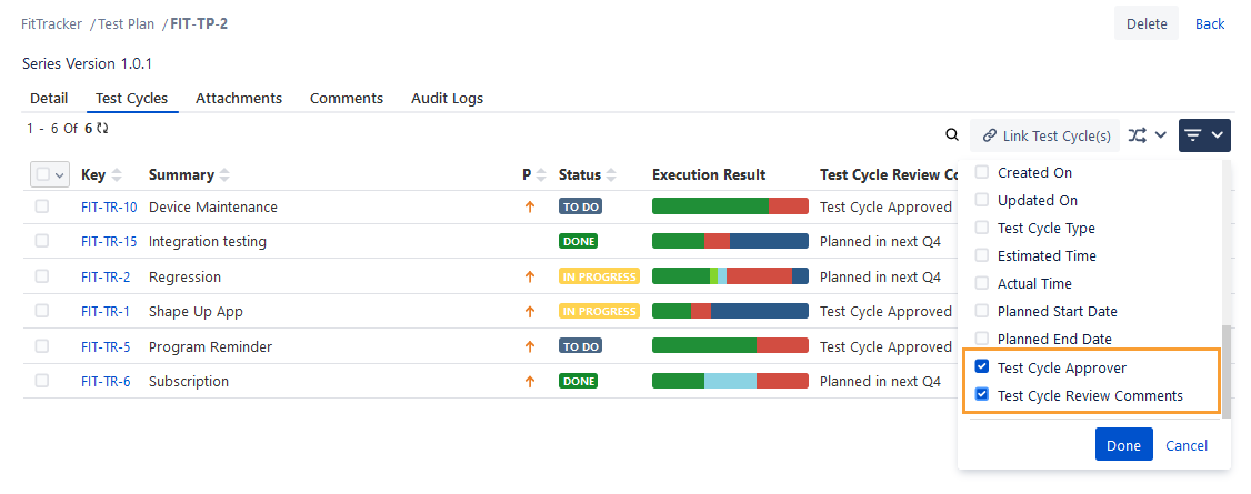 Apply Filter on Test Cycle Tab