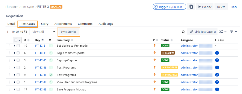 Sync Stories Test Cycle Page