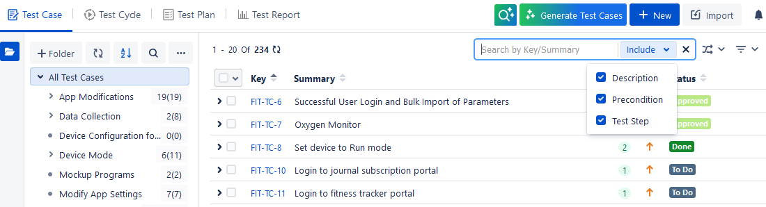Search Test Case Option