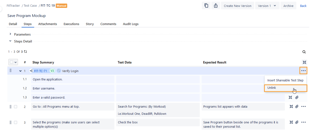 Unlink Shareable Test Steps