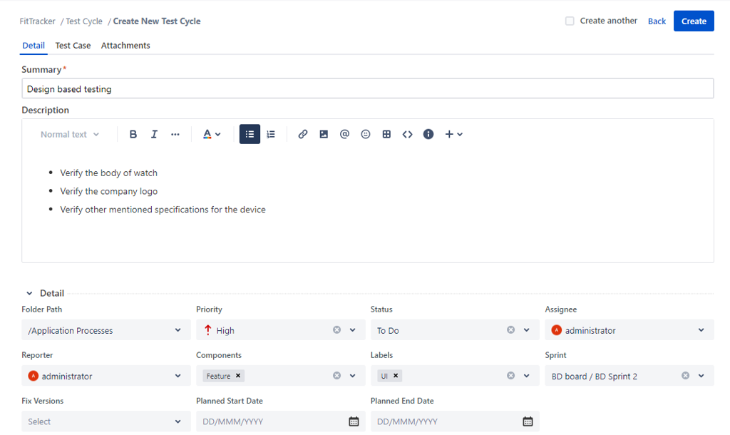 Details on Test Cycle Create Page