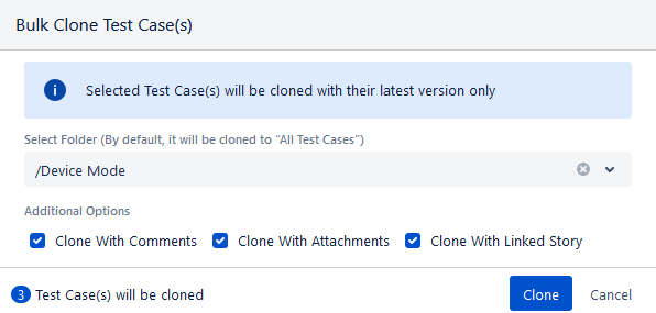 Bulk Clone Test Cases Dialog