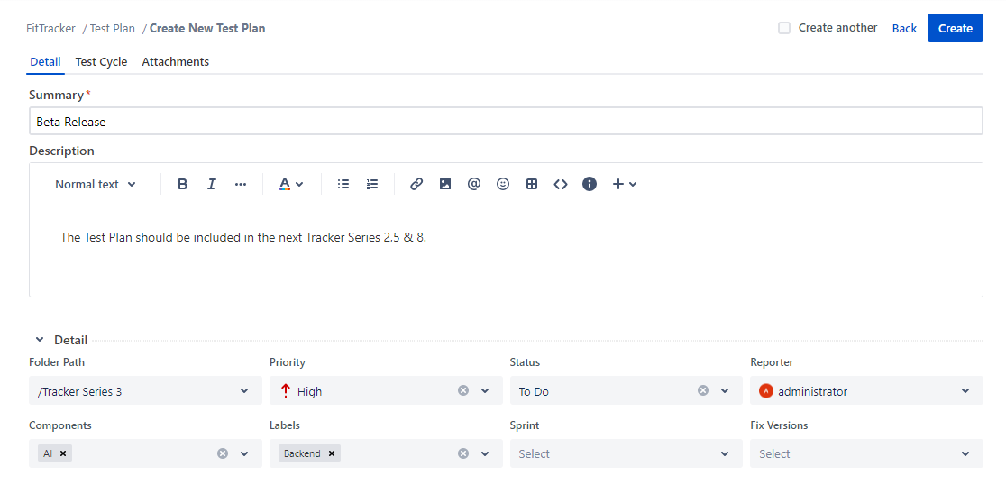 Create Test Plan Custom Fields