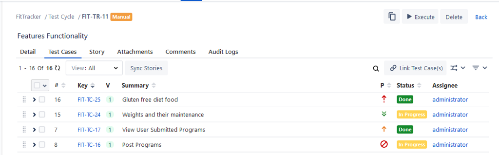 Test Cases on the Test Case Tab of Test Cycle