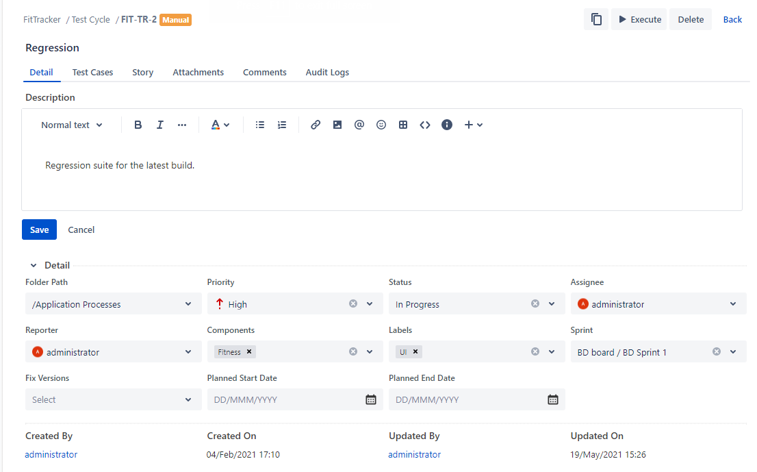Inline Editing of Test Cycle