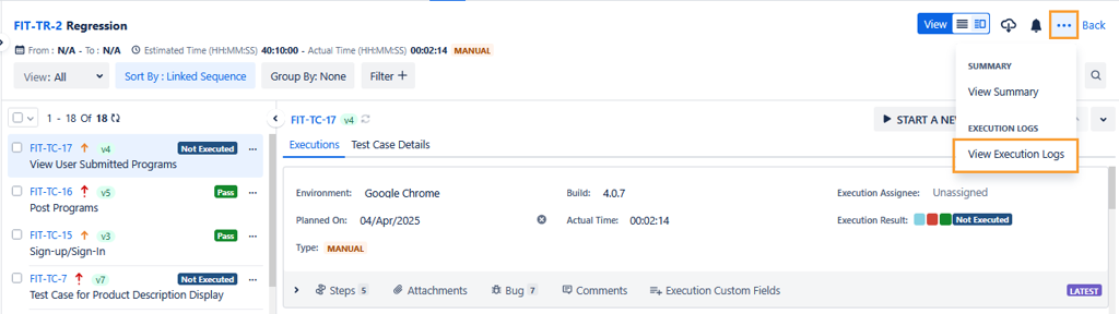 View Execution Logs Option