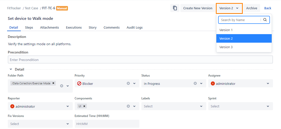 Edit Test Case Version