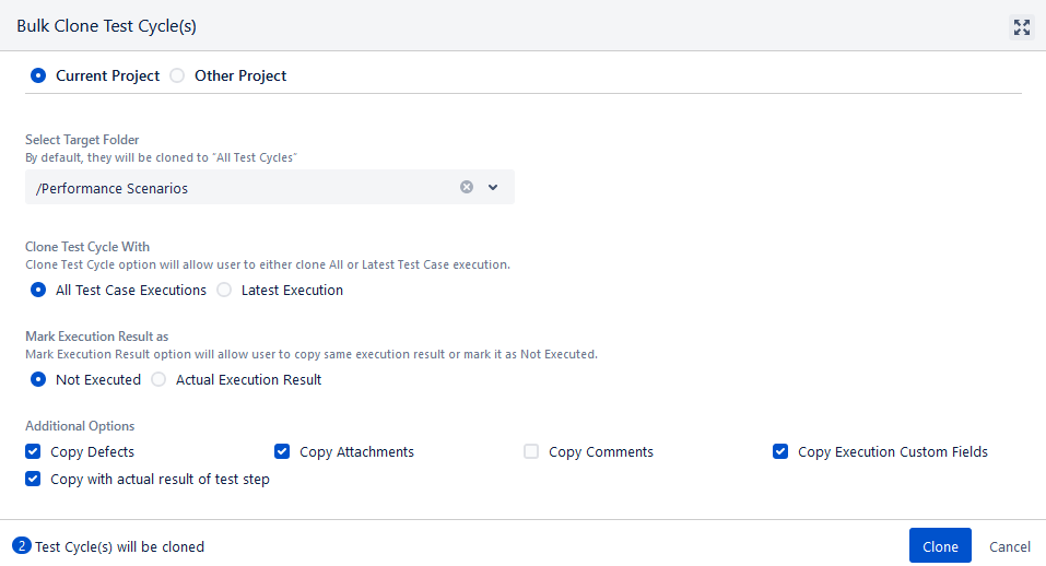 Bulk Clone Test Cycle Dialog Box