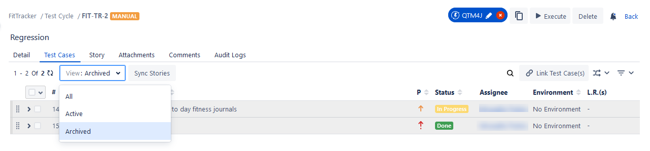 View Archived Test Cases Test Cycle
