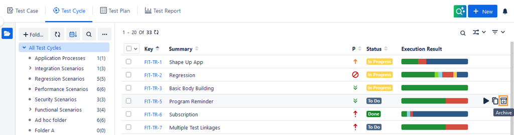 Archive a Test Cycle from List View Archive a Test Cycle from List View