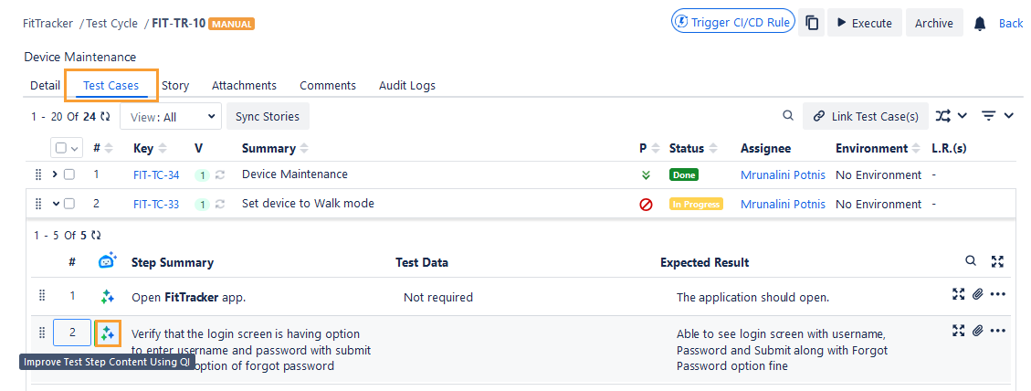 QI on Test Cycle Detail Page QI on Test Cycle Detail Page