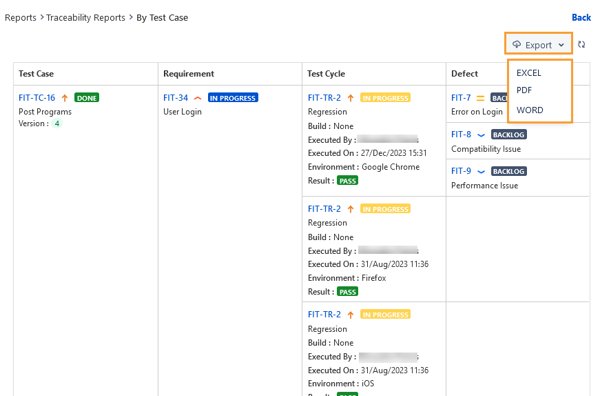 Export Traceability Report