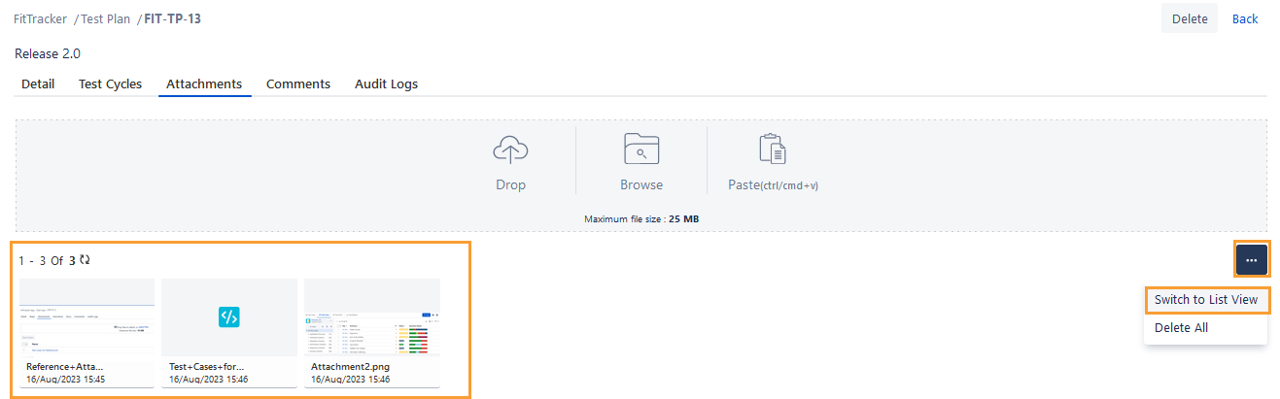 Test Plan Attachment Switch to List View