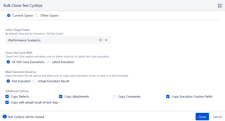 Bulk Clone Test Cycle Dialog