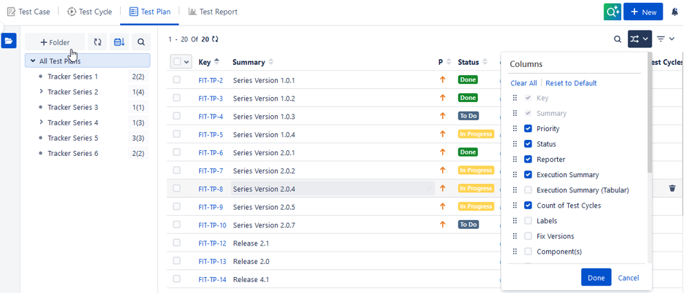 Test Plan List View Columns
