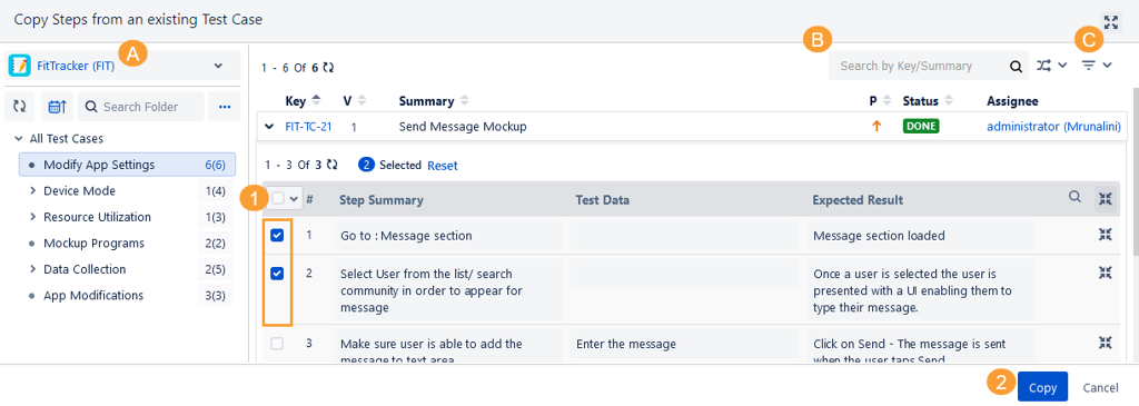 Select Test Steps to Copy