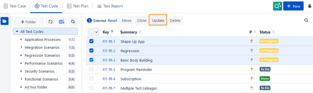 Select Test Cycles to Edit