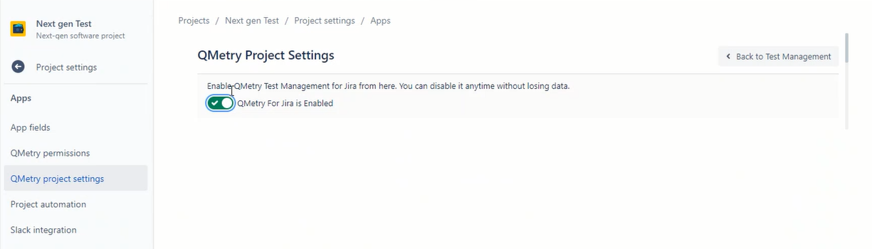 QMetry Project Settings Screen