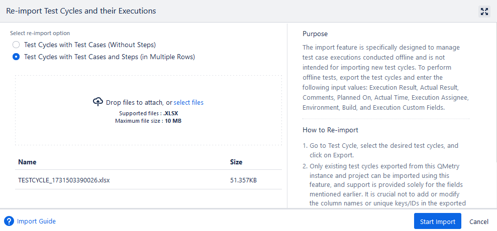 Reimport Test Cycles Screen