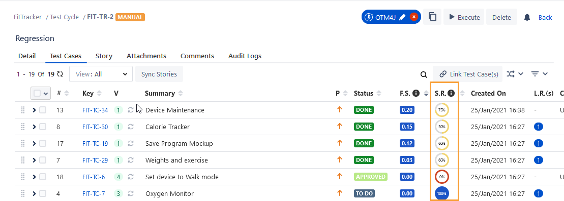 Success Rate on Test Cycle Detail Page
