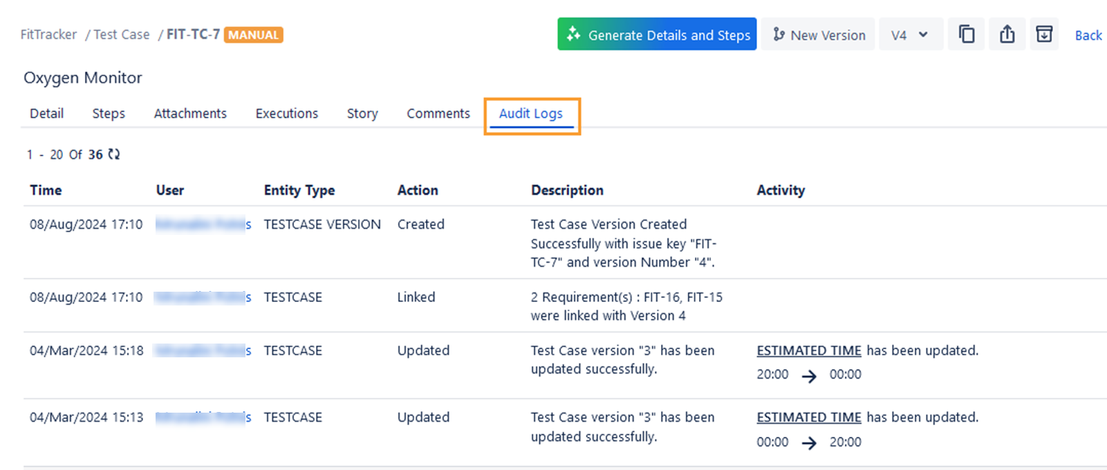 View Test Case Audit Logs