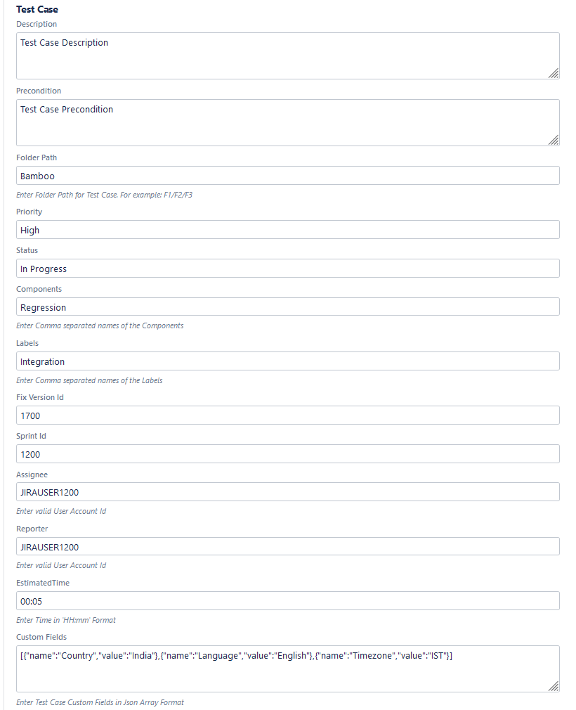 Server Test Case Fields Server Test Case Fields