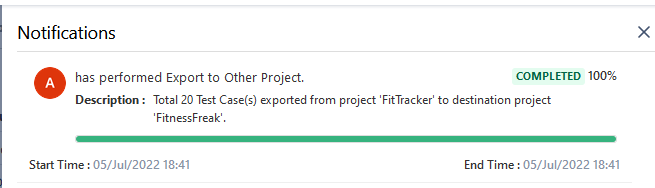 Export to Other Project Notification