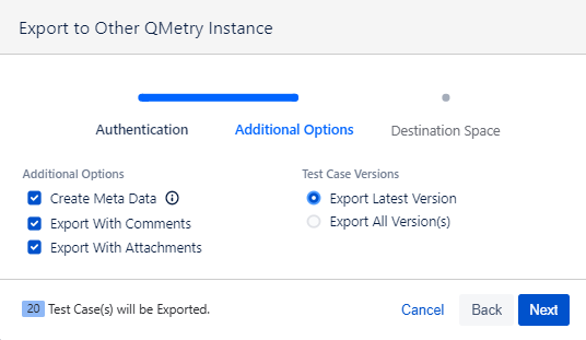 Export Test Cases to Other Instance Additional Options