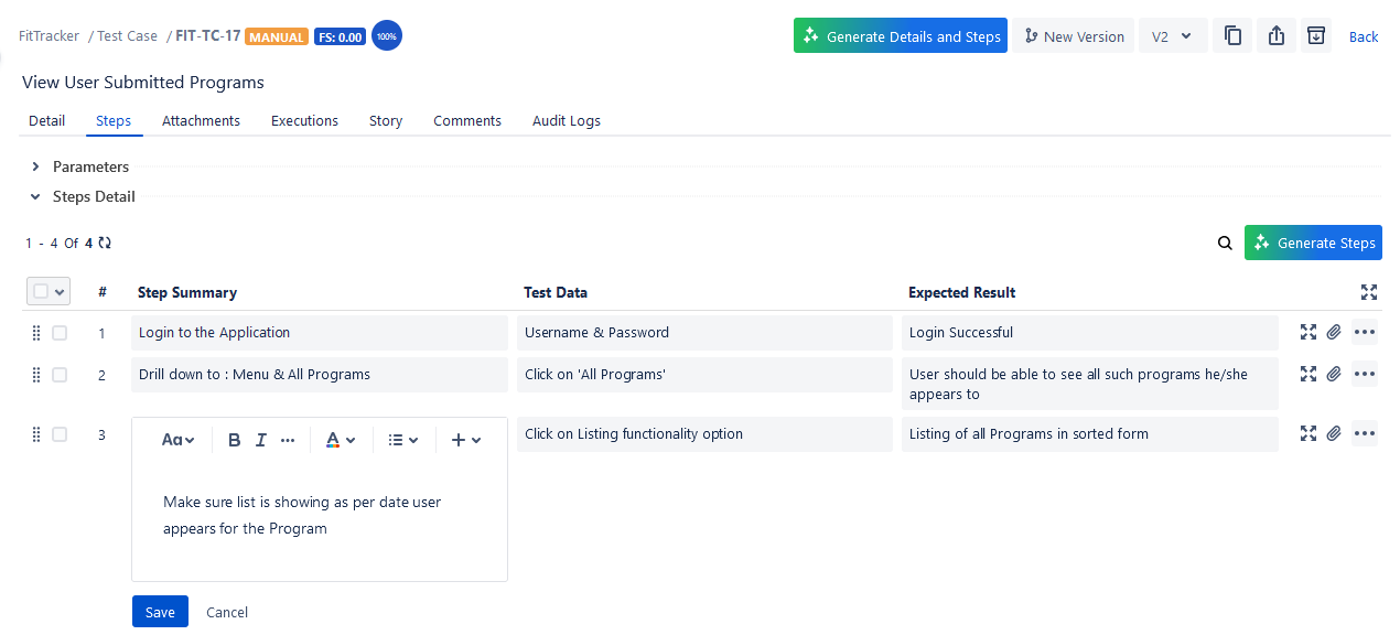 Edit Test Steps from List View