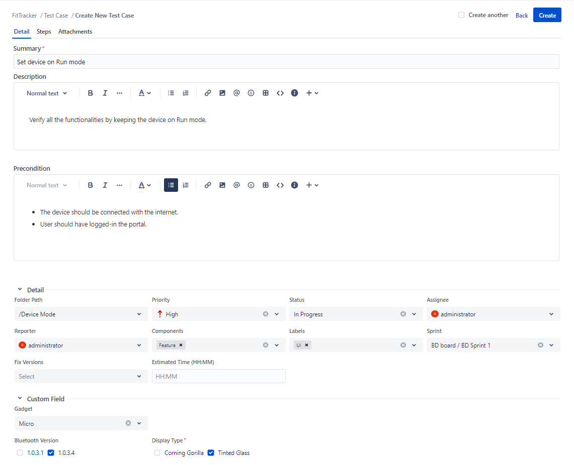 Create Test Case Screen