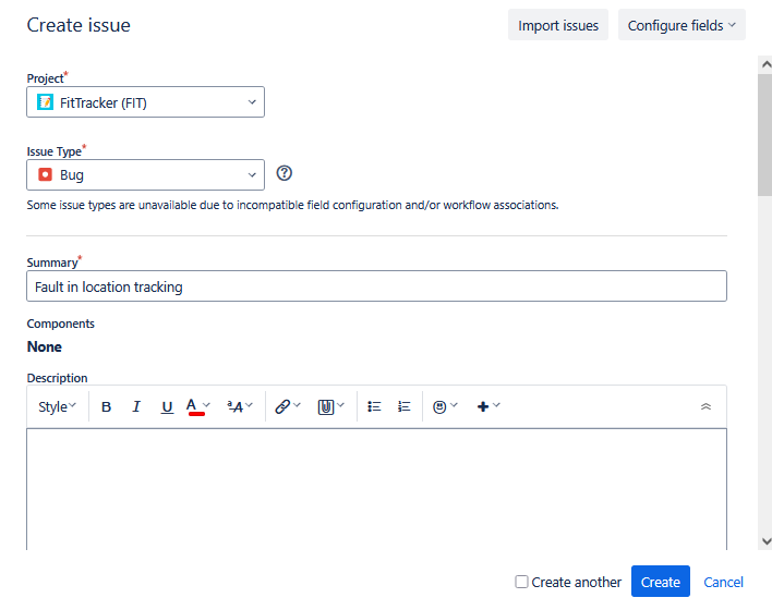 Create Issue Type Bug