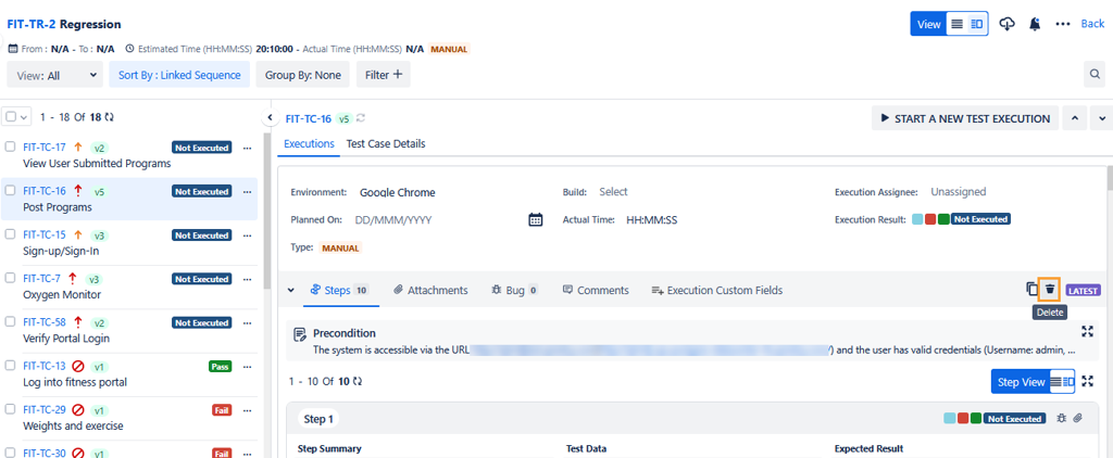 Delete Test Execution Grid View