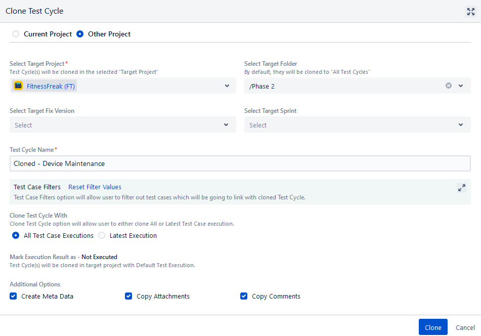 Clone Test Cycle in Other Project Clone Test Cycle in Other Project