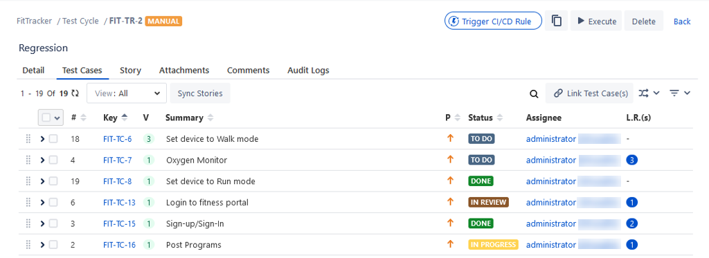 Test Caes Tab in Test Cycle