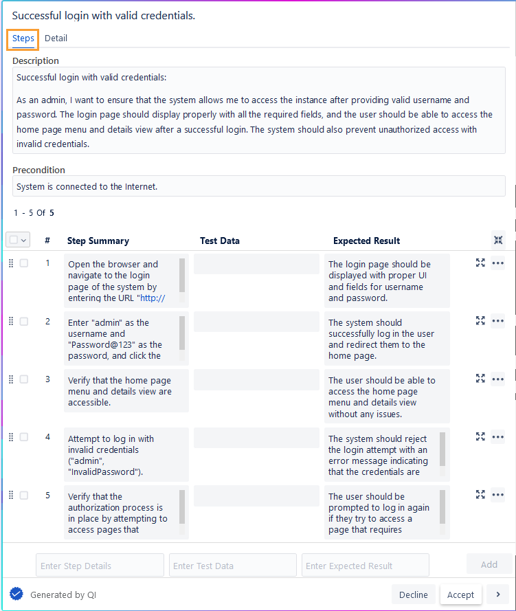 Steps Tab Generate TC Dialog
