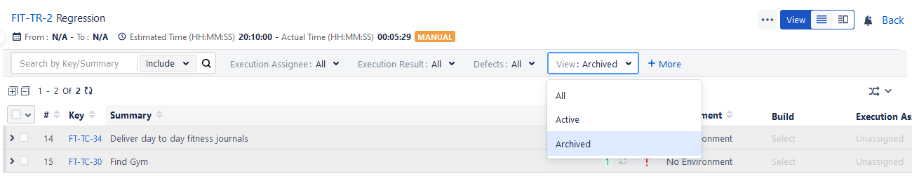 Archived Test Cases on List View