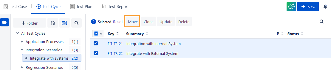 Move Test Cycle Option