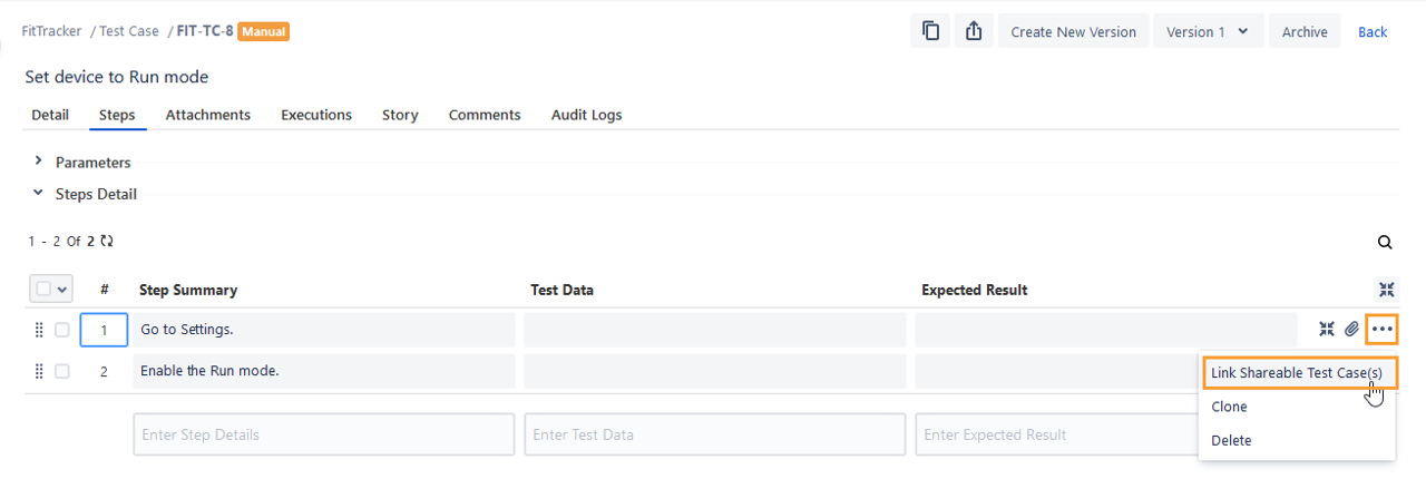 Link Shareable Test Case Option
