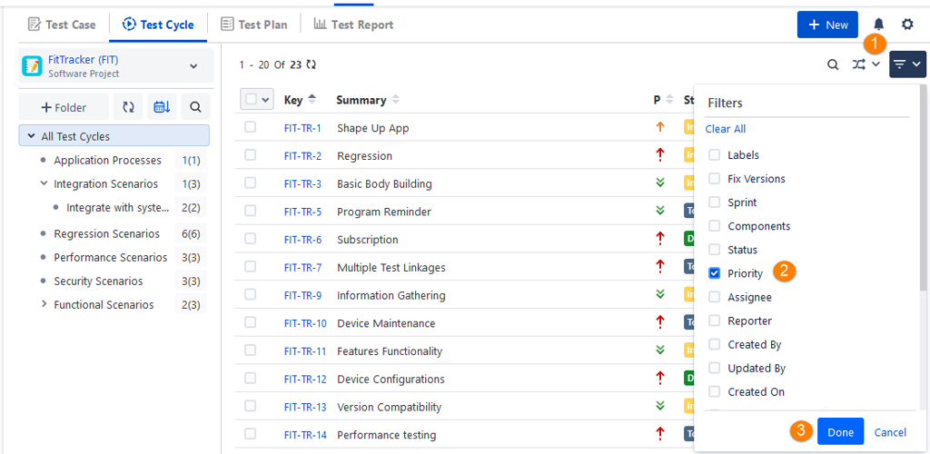Filters on Test Cycle Grid View