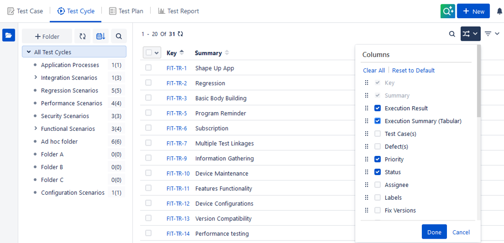 Test Cycle List View Columns