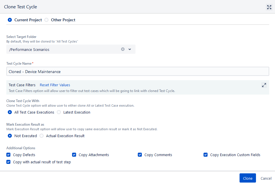 Clone Test Cycle Screen Clone Test Cycle Screen