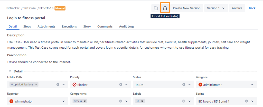 Export a Single Test Case to Excel