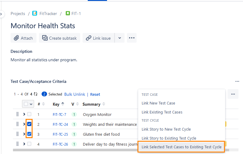 Link Selected Test Cases to Existing Test Cycle