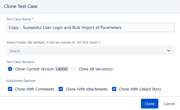 Clone Test Case Screen