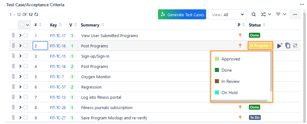 Update Test Case Status Inline