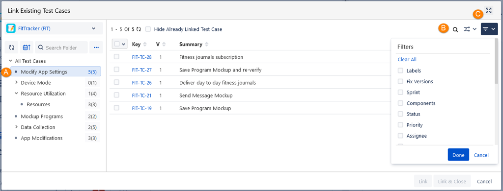 Filter Test Cases on Link Existing TC Screen