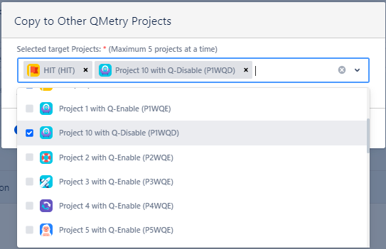 Select Project to Copy Parameter Select Project to Copy Parameter