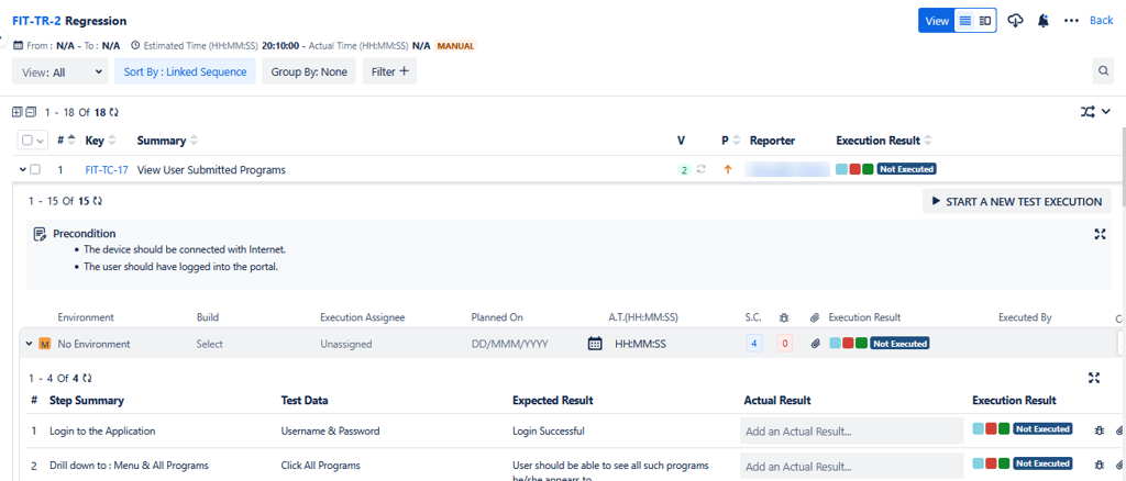 Single TC New Execution List View