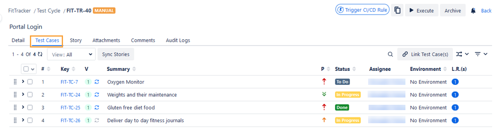 Test Cases Tab on Test Cycle Detail Page