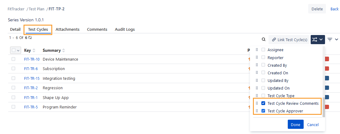 View Custom Fields Test Cycle Tab